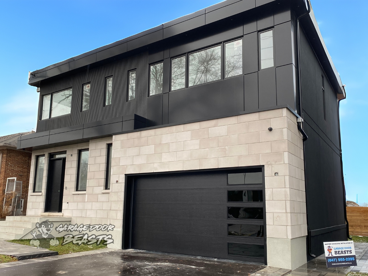 16'x7' Garage Door Installation - Modern Black Flush with Side Black Tinted Windows Double Car Garage Door - Garage Door Beasts