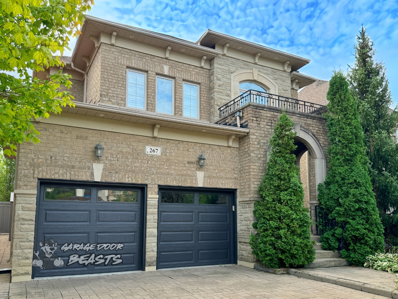 8'x7' Garage Door Installation - Dark Brown Long Raised Panels with Top Clear Windows - Garage Door Beasts