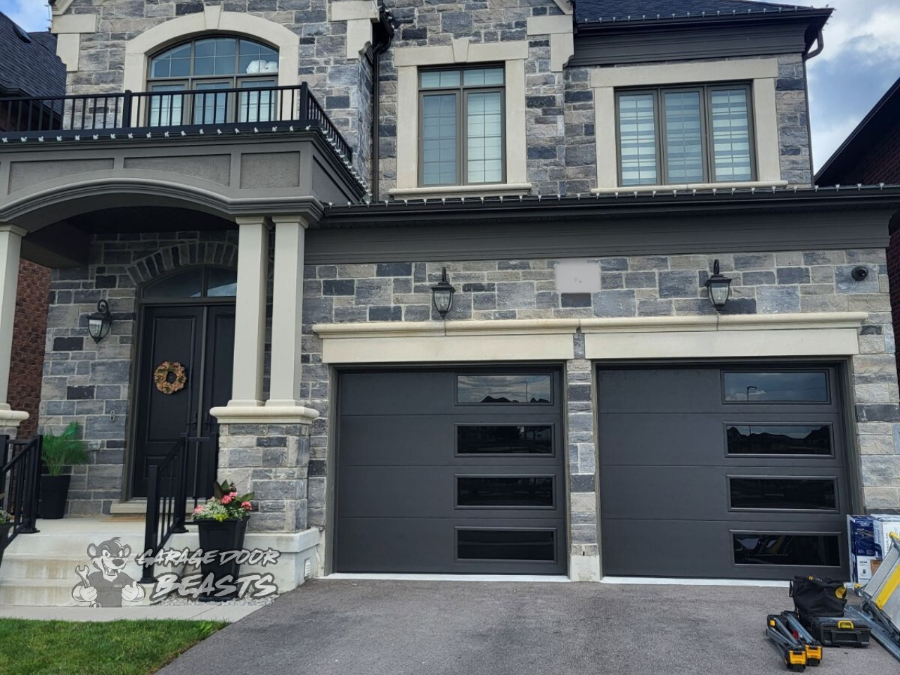 8'x7' Garage Door Installation - Modern Dark Brown Flush Panel with Black Tinted Windows on the Side - Garage Door Beasts