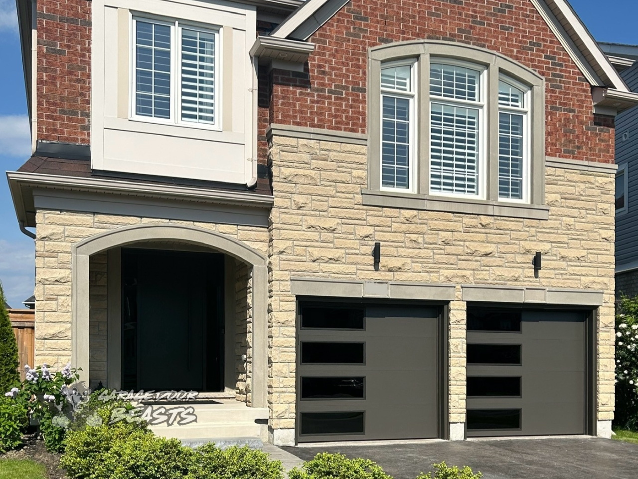 8'x7' Garage Door Installation - Modern New Dark Brown Flush Panel with Black Tinted Windows on the Side - Garage Door Beasts