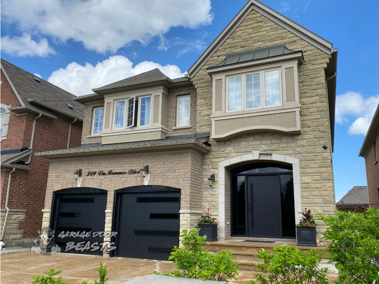 8'x7' Garage Door and Entry Door Installation - Black Flush Panel with Long and Short Slim Windows - Garage Door Beasts