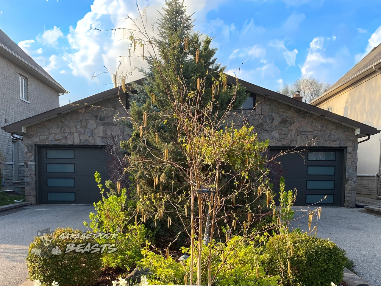 9'x7' Garage Door Installation - Dark Brown Flush Panel with Frosted Windows on the Side - Garage Door Beasts