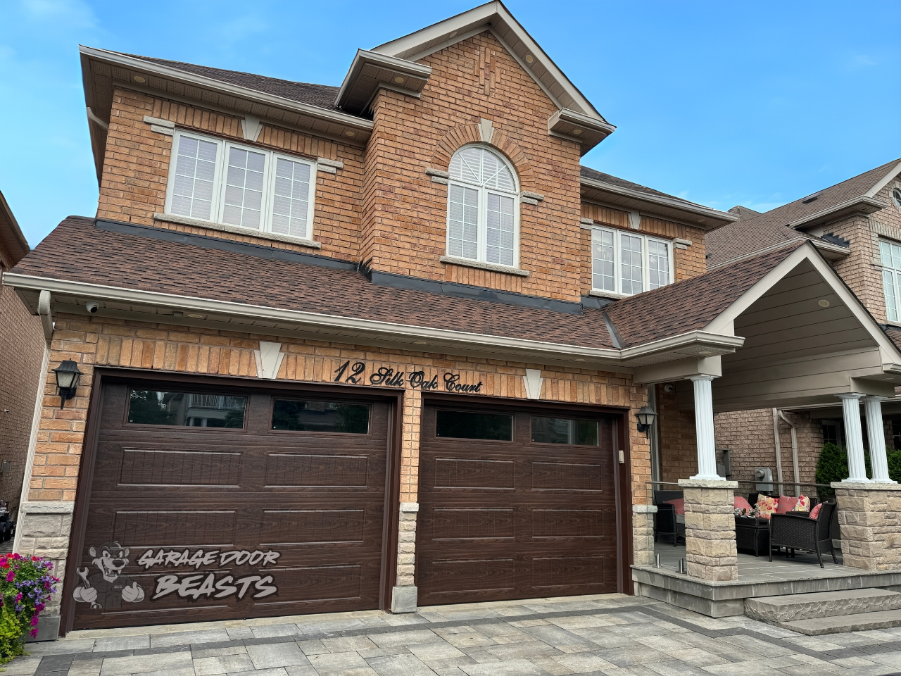 9'x7' Garage Door Installation - Woodgrain Carriage House Panel with Top Clear Windows and Grills - Garage Door Beasts