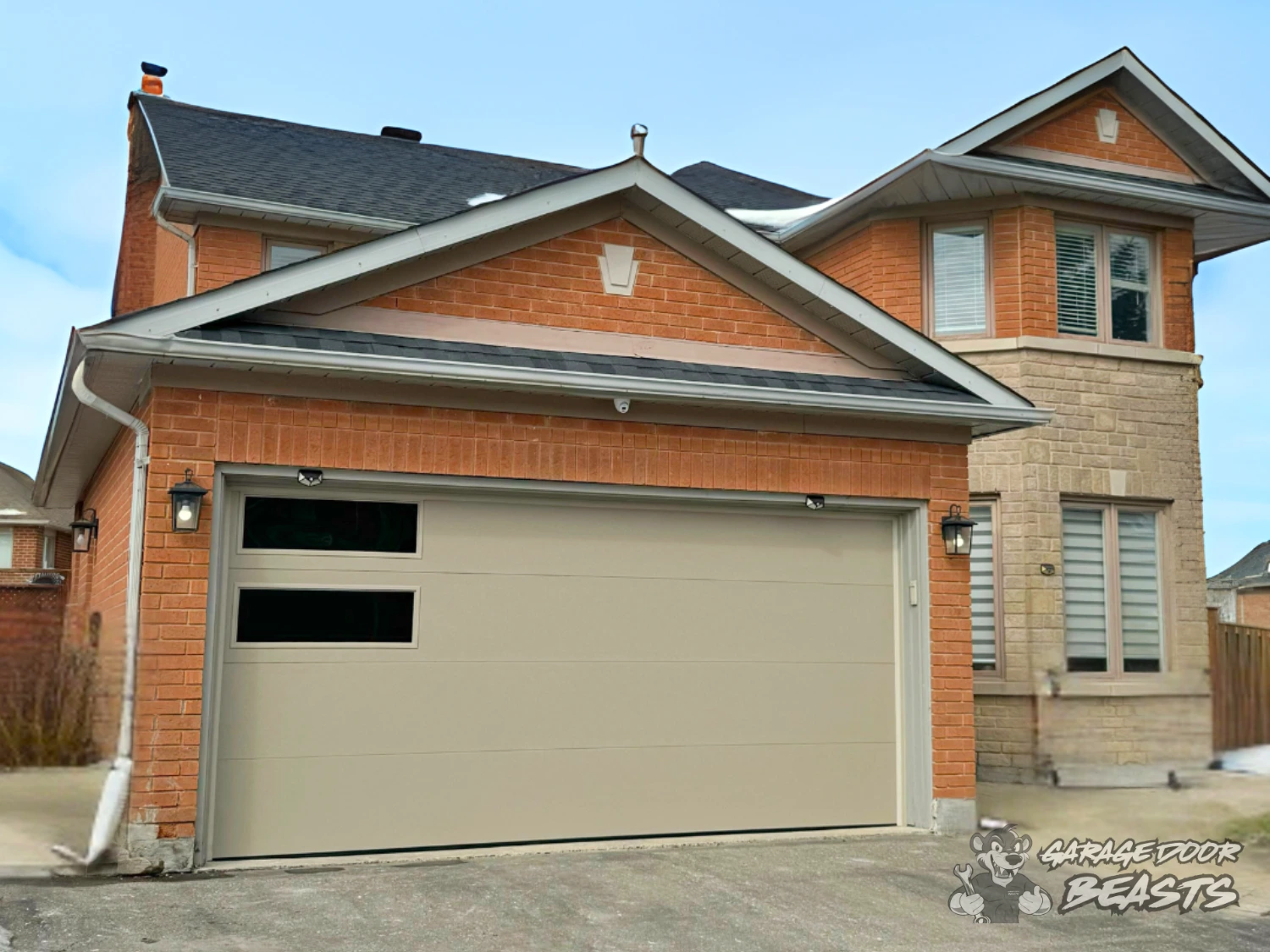 Sandstone Garage Door with Black Tinted Windows