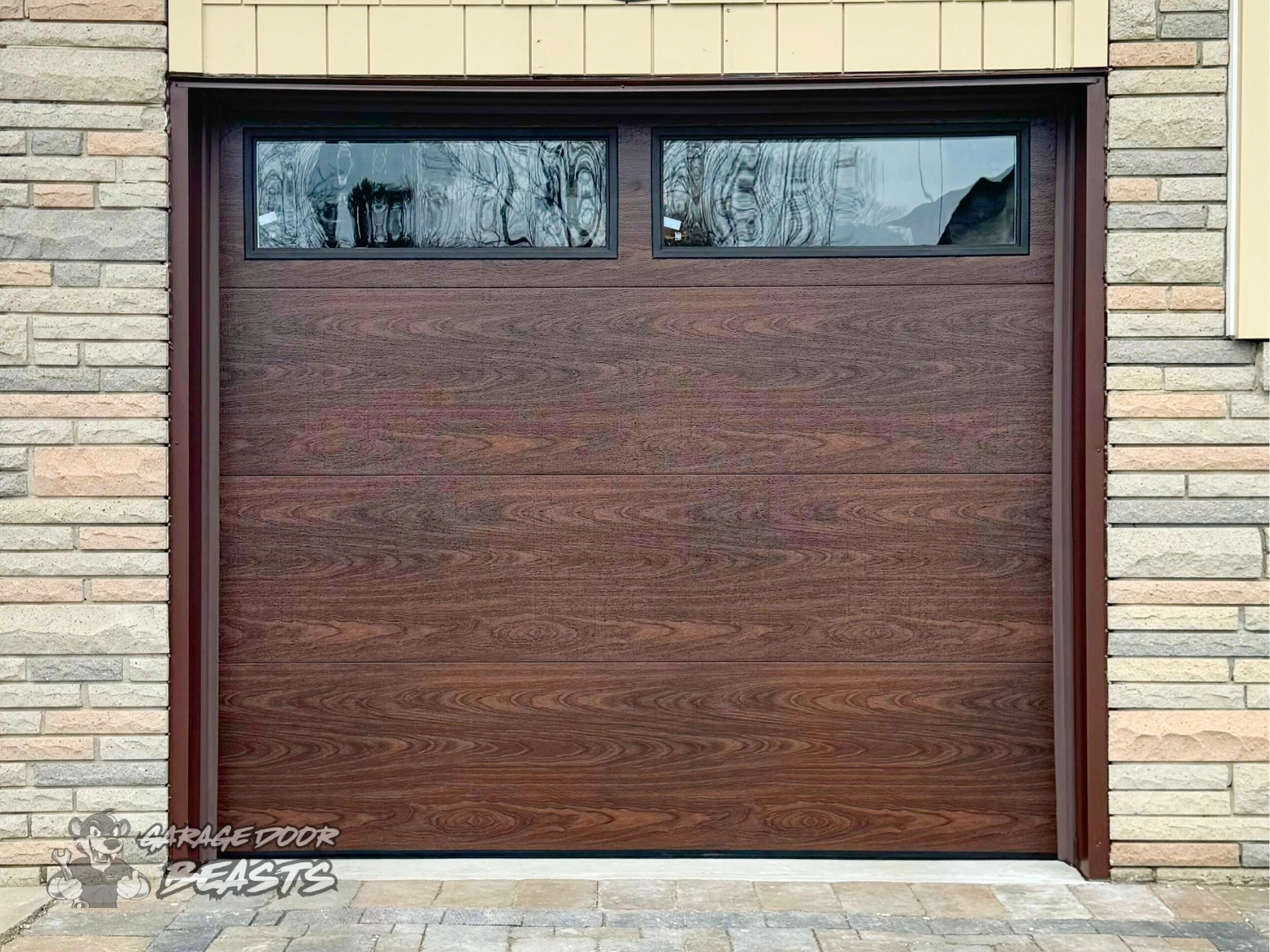 Garage Door Beasts - Woodgrain Flush Garage Door with Black Tinted Glass Windows