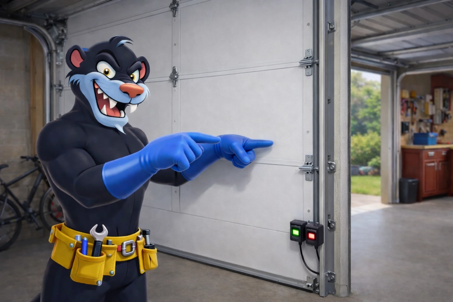 Garage Door Beasts character pointing at garage door safety sensors near the track