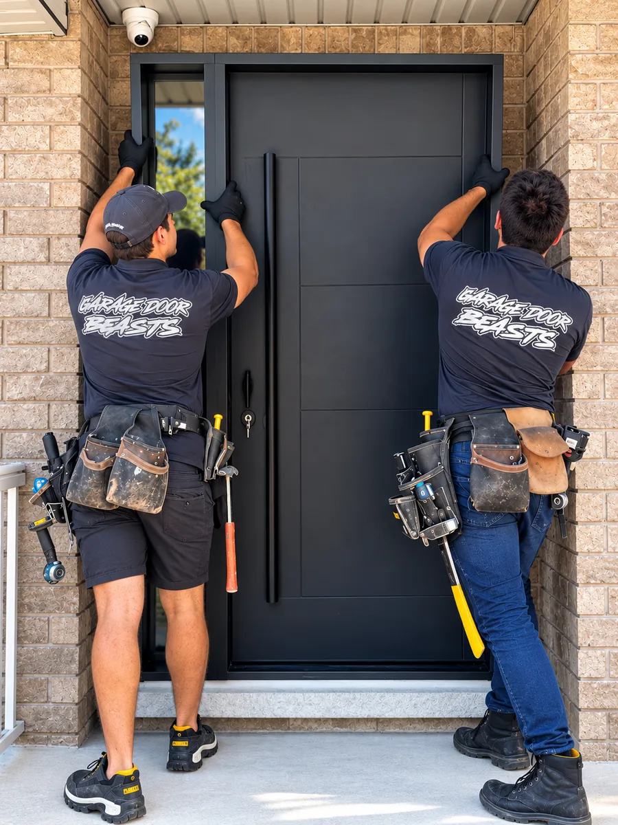 Garage Door Beasts crew installing a new black front entry door
