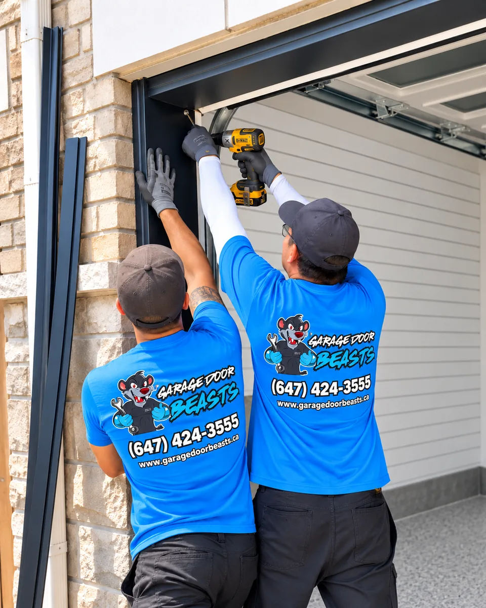 Garage Door Beasts crew installing aluminum capping around a garage door frame