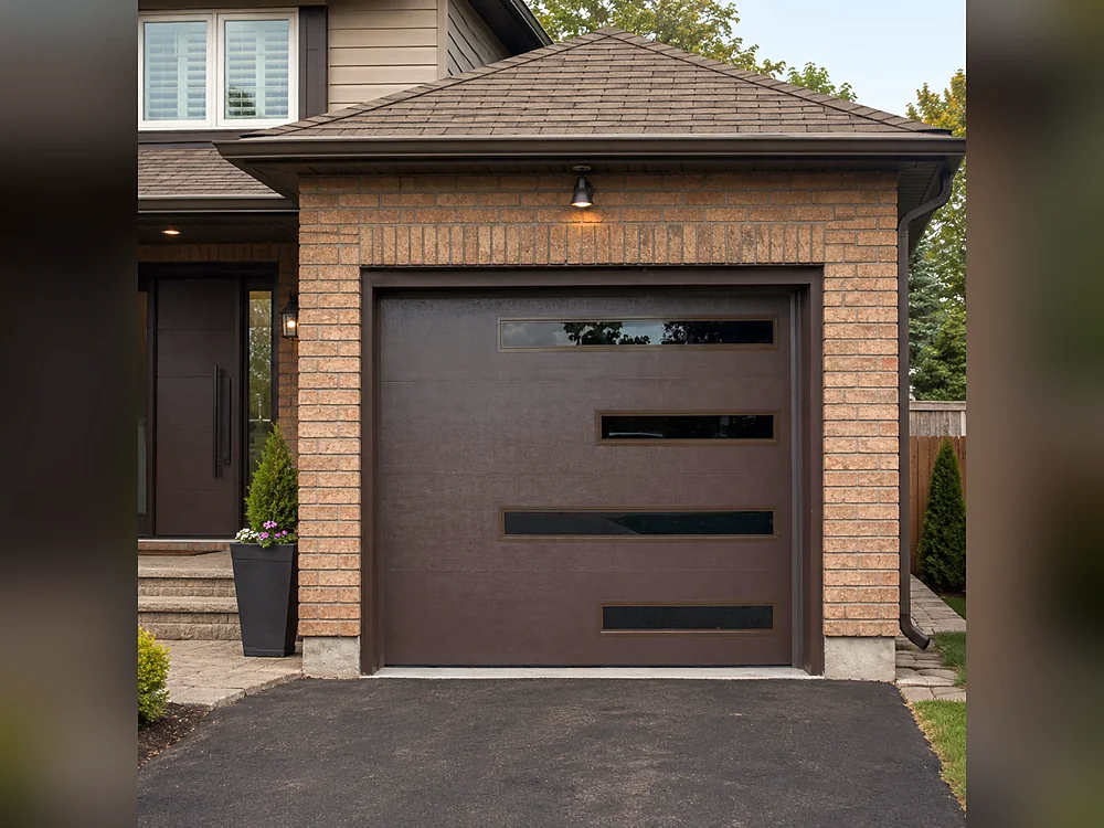 Chocolate brown modern flush garage door with slim glass strips on a home in East Gwillimbury