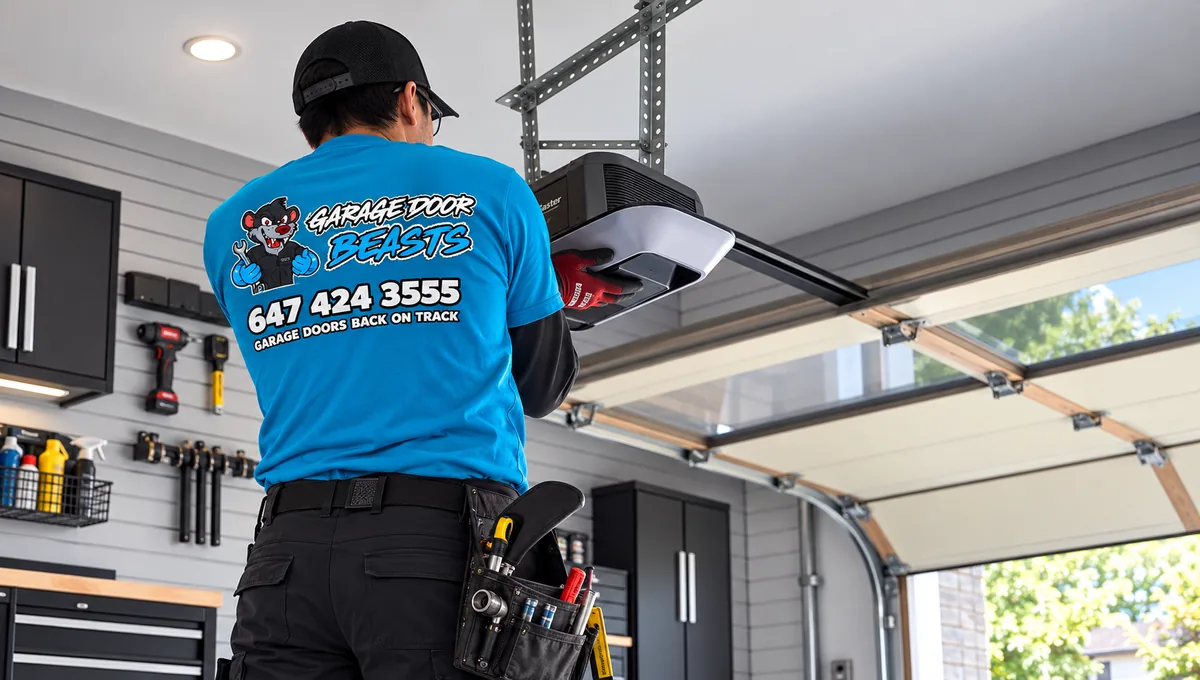 Garage Door Beasts installer mounting a new garage door opener