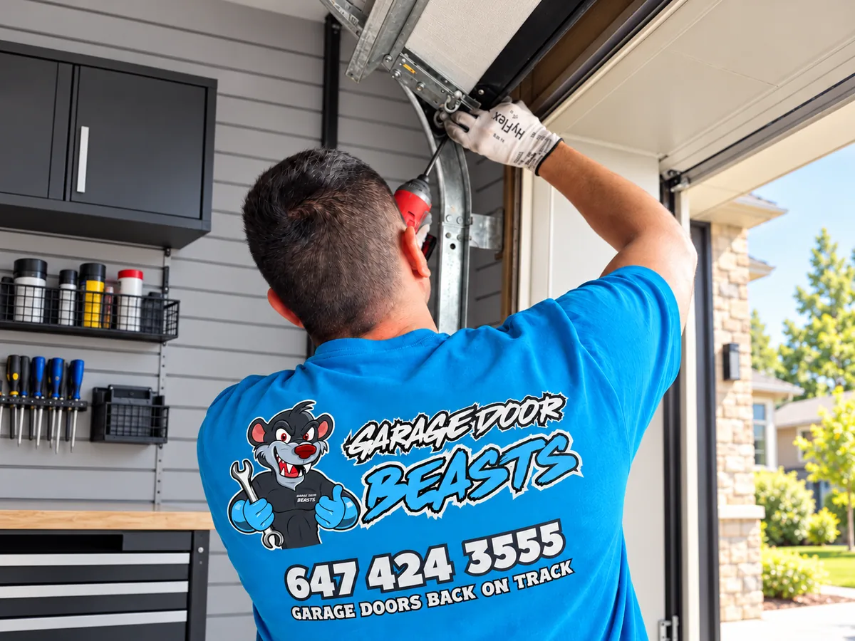 Garage Door Beasts technician repairing a garage door track