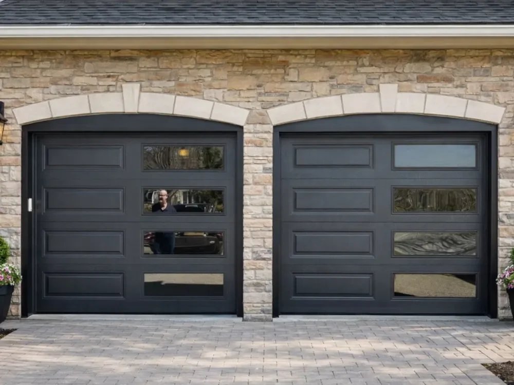 Black long raised-panel garage doors with windows on a home in Burlington