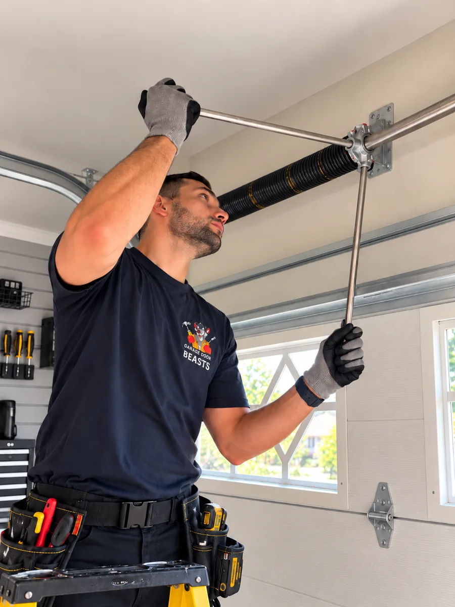 Garage Door Beasts technician winding a new garage door torsion spring