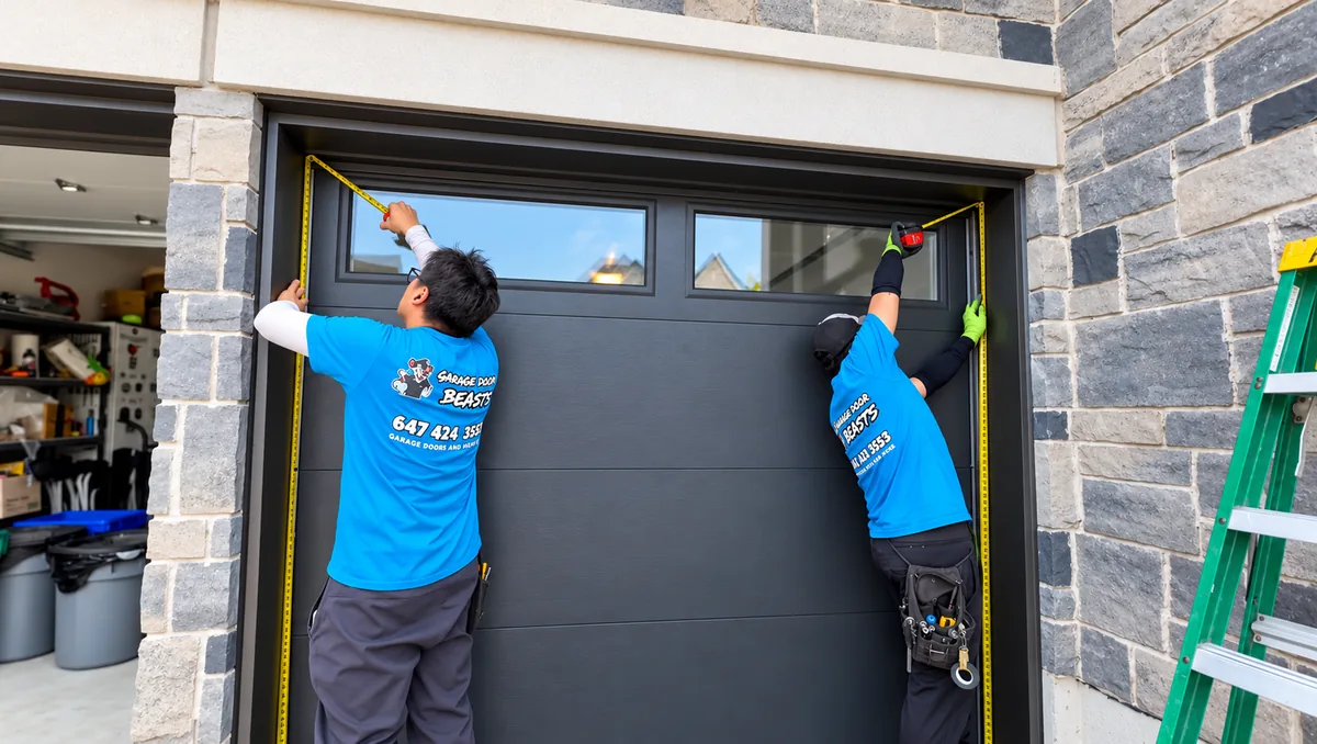 Garage Door Beasts crew measuring a new black garage door installation